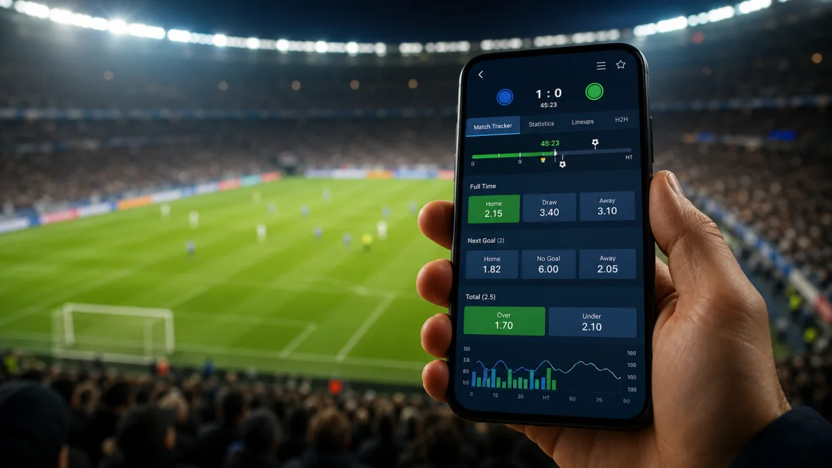 Celular com painel genérico de apostas ao vivo durante partida de futebol